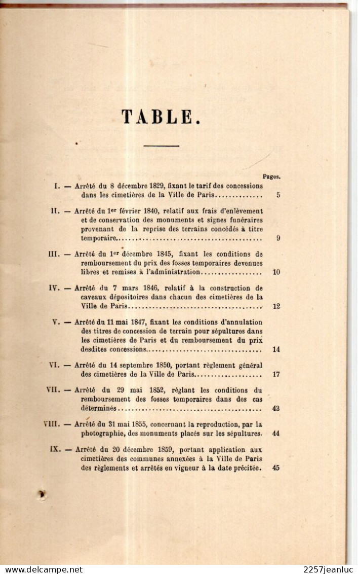 1881  Livret Arêtés Consernant Les Cimetières De La Ville De Paris Edit Charles De Mourgues Frères - 1801-1900