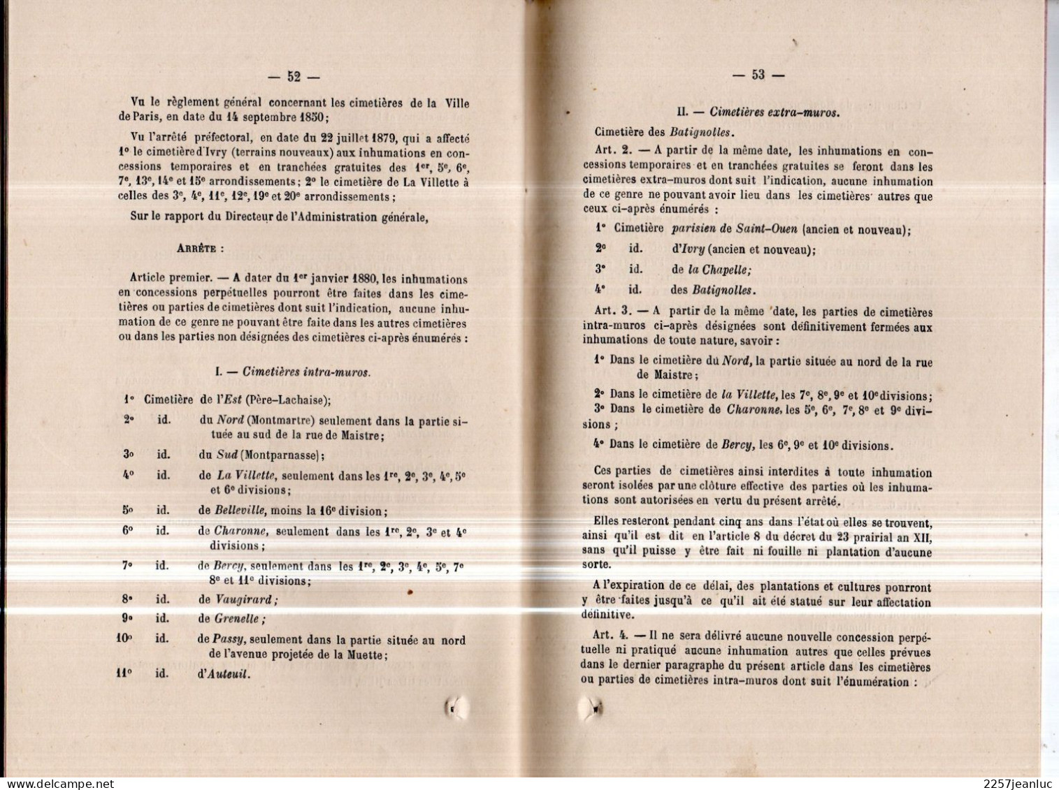 1881  Livret Arêtés Consernant Les Cimetières De La Ville De Paris Edit Charles De Mourgues Frères - 1801-1900