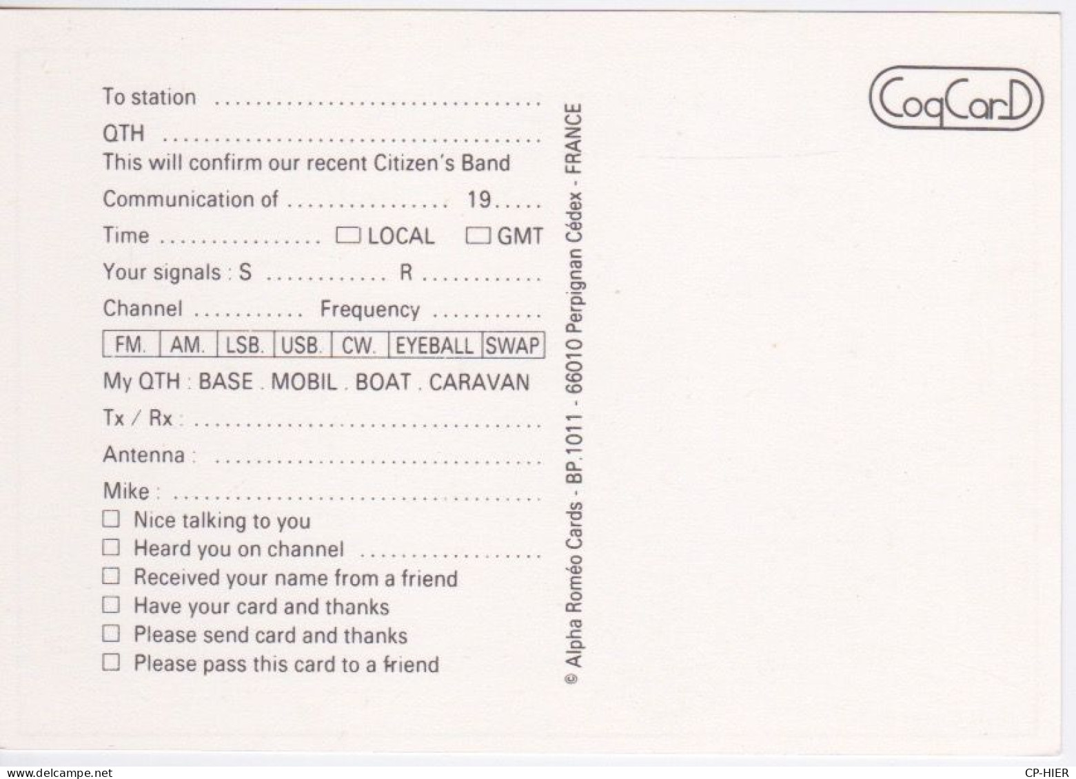 CARTE QSL    - CB - RADIO AMATEUR - CB LOBER - FEMME SEXY - CHAOURCE 10 AUBE - CB-Funk