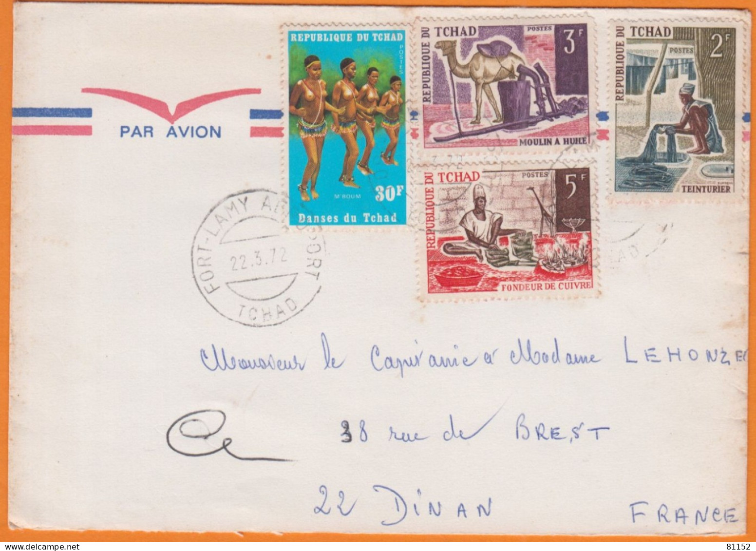 Militaria    Tchad   Lettre  De FORT LAMY  1972   Avec Compo De 4  Timbres Pour Un CAPITAINE à 22 DINAN - Tsjaad (1960-...)