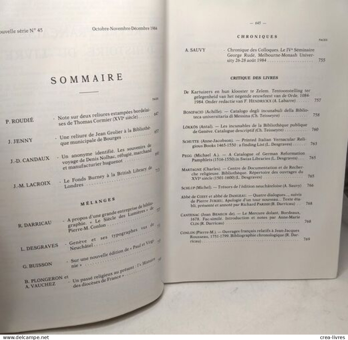 Revue Française D'histoire Du Livre N° 45 - Note Sur Deux Reliures Estampées Bordelaises De Thomas Cormier (XVIe Siècle) - Non Classés