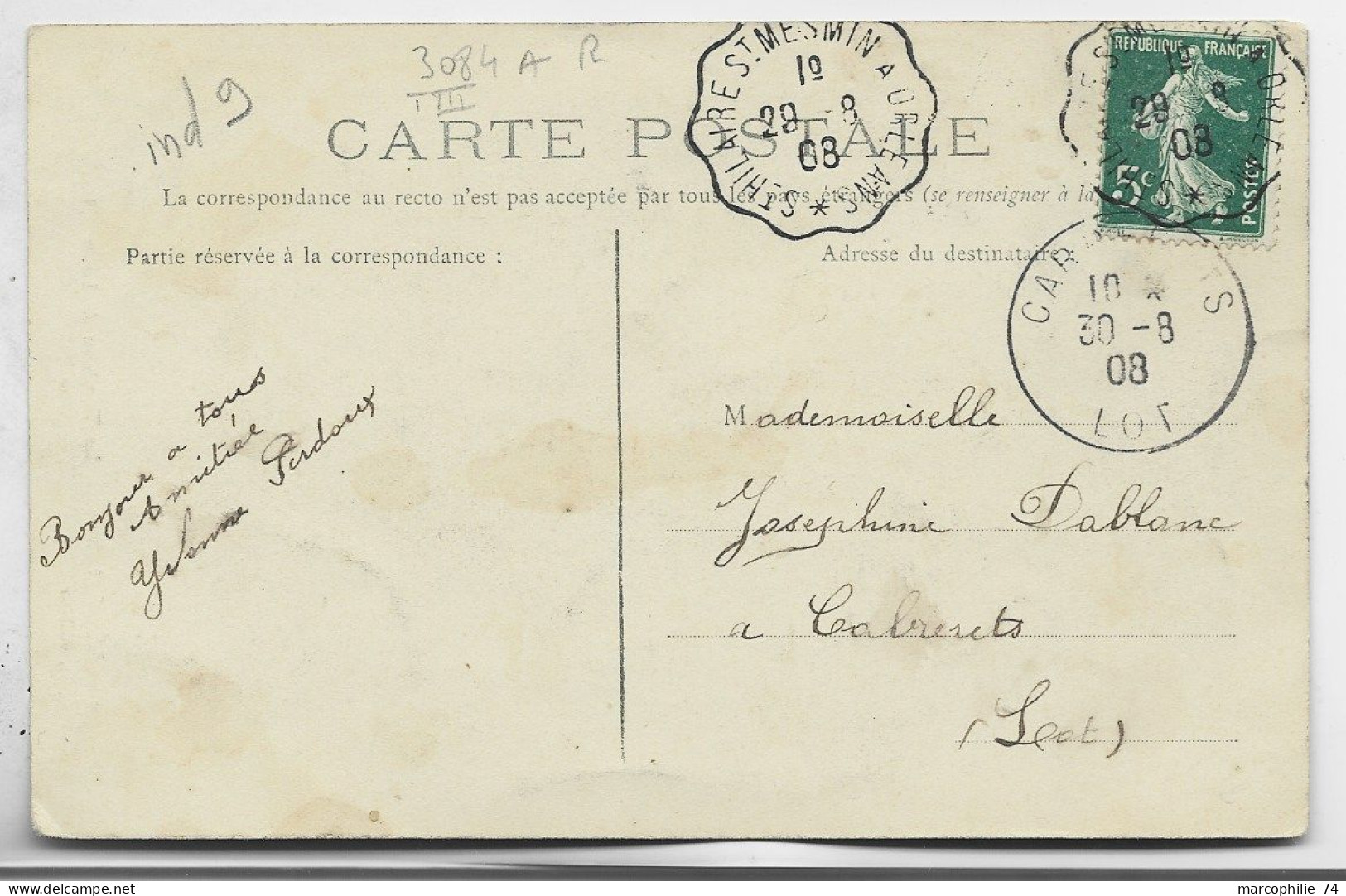 SEMEUSE 5C CARTE CLERY LOIRET CONVOYEUR ST HILAIRE ST MESMIN A ORLEANS 29.8.1908 COTE 60€ - Poste Ferroviaire