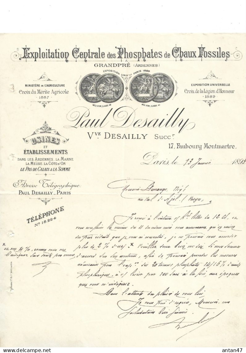 2 Courriers 1893-94 / 75009 PARIS / 08 GRANDPRE / Exploitation Phosphates De Chaux Fossiles DESAILLY - 1800 – 1899