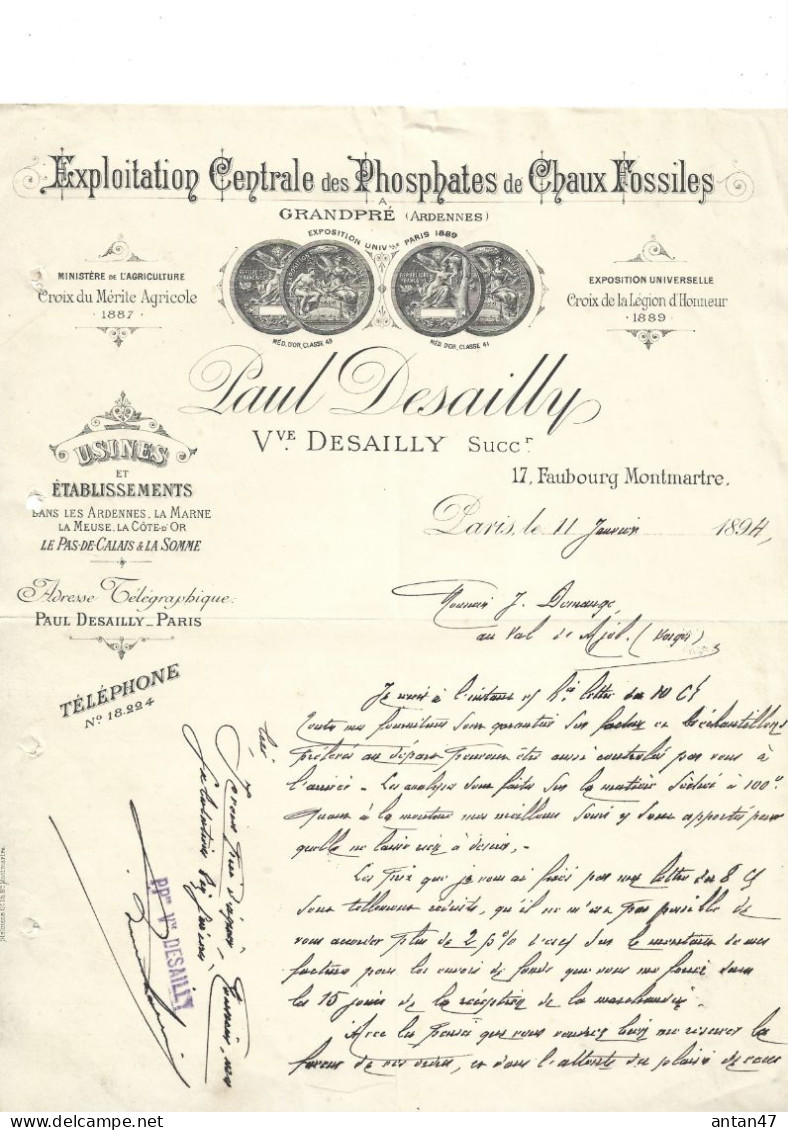 2 Courriers 1893-94 / 75009 PARIS / 08 GRANDPRE / Exploitation Phosphates De Chaux Fossiles DESAILLY - 1800 – 1899