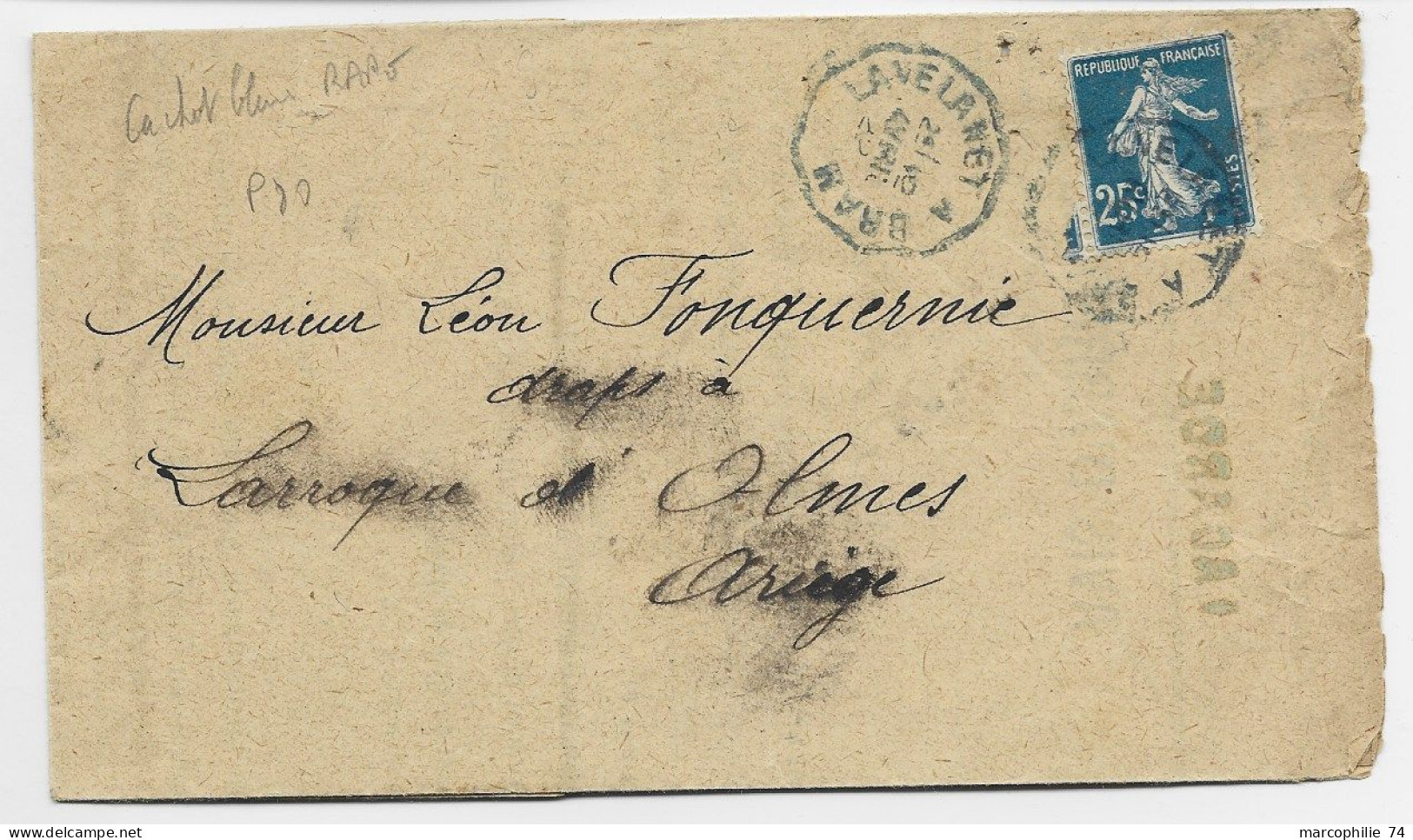 SEMEUSE 25C LETTRE CONVOYEUR BLEU BRAM A LAVELANET 1922 GRIFFE DE GARE LAGARDE ARIEGE - Spoorwegpost