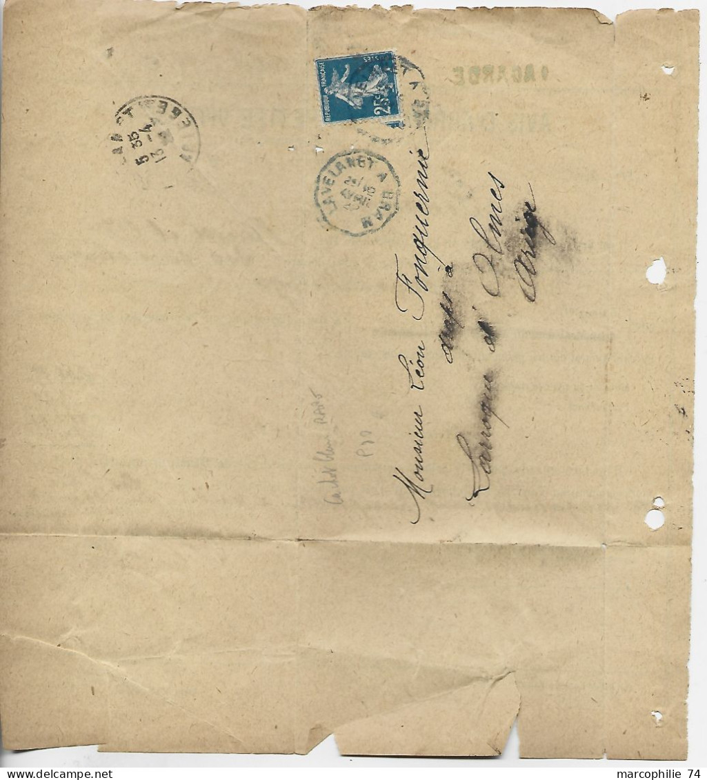 SEMEUSE 25C LETTRE CONVOYEUR BLEU BRAM A LAVELANET 1922 GRIFFE DE GARE LAGARDE ARIEGE - Bahnpost