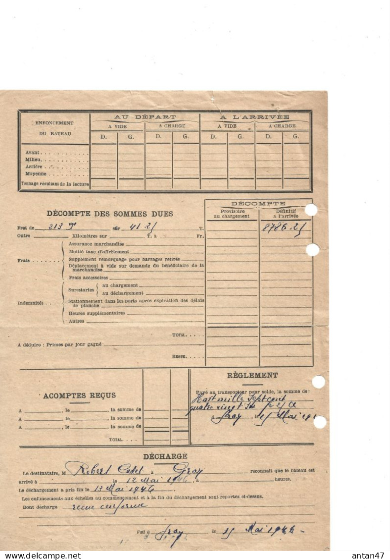 Lettre De Voiture 1946 Affrètement Au Voyage / Transport Sable MARSEILLE - GRAY Par Bateau "LA VICTOIRE" - Transports