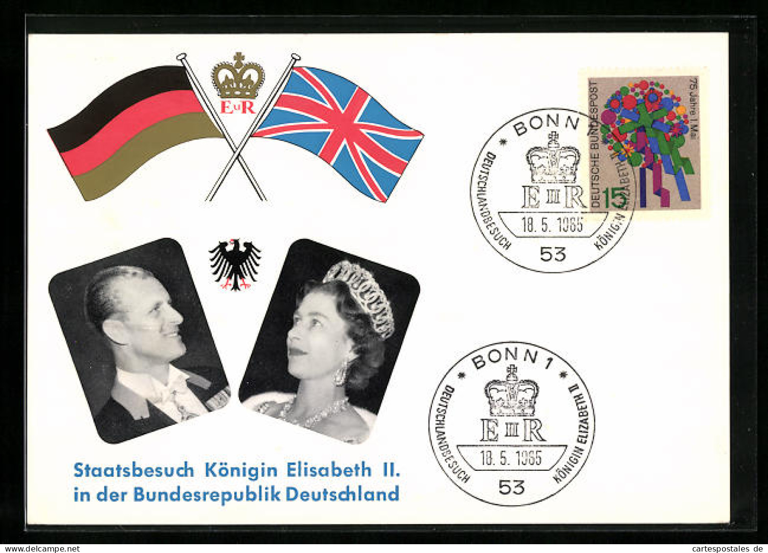 Pc Deutschland-Besuch Königin Elizabeth II. Und Prinz Philip 1965, Sonderpostkarte Mit Portraits Und Flaggen  - Royal Families