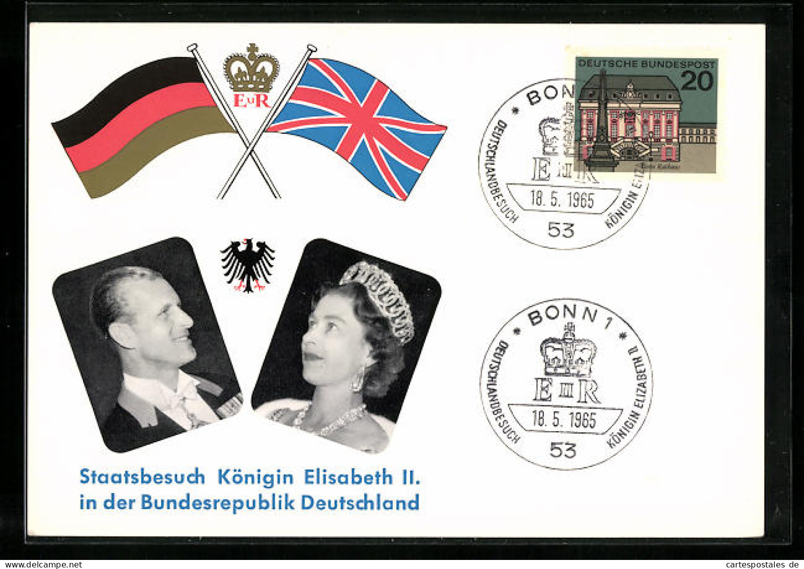 Pc Staatsbesuch Königin Elizabeth II. Und Prinz Philip 1965 In Deutschland, Sonderpostkarte, Portraits  - Königshäuser