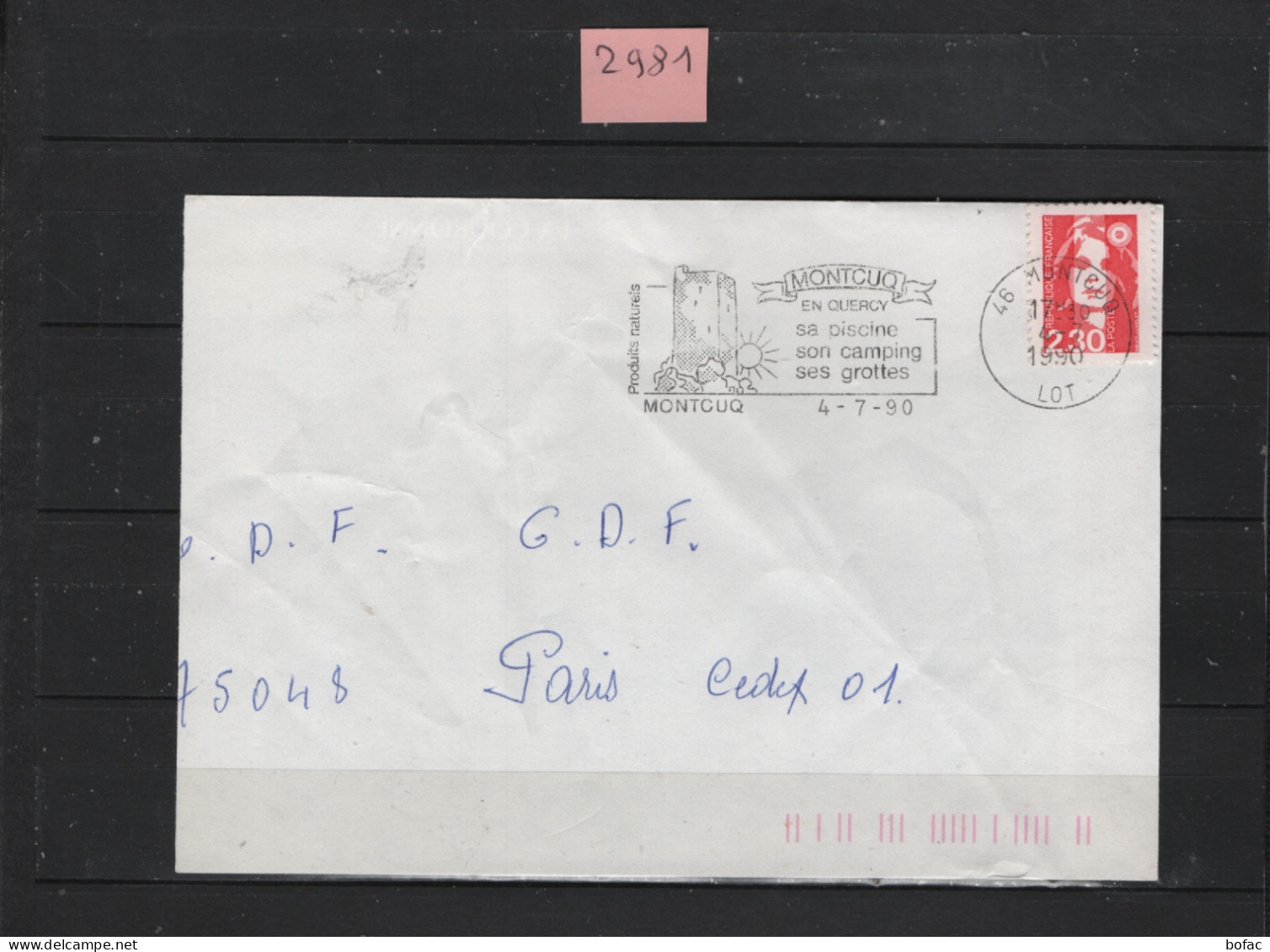 PRIX FIXE Montcuq En Quercy Lot 46 Ses Grottes 4-7-90 Marianne Du Bicentenaire Flamme 2981 - Mechanical Postmarks (Advertisement)