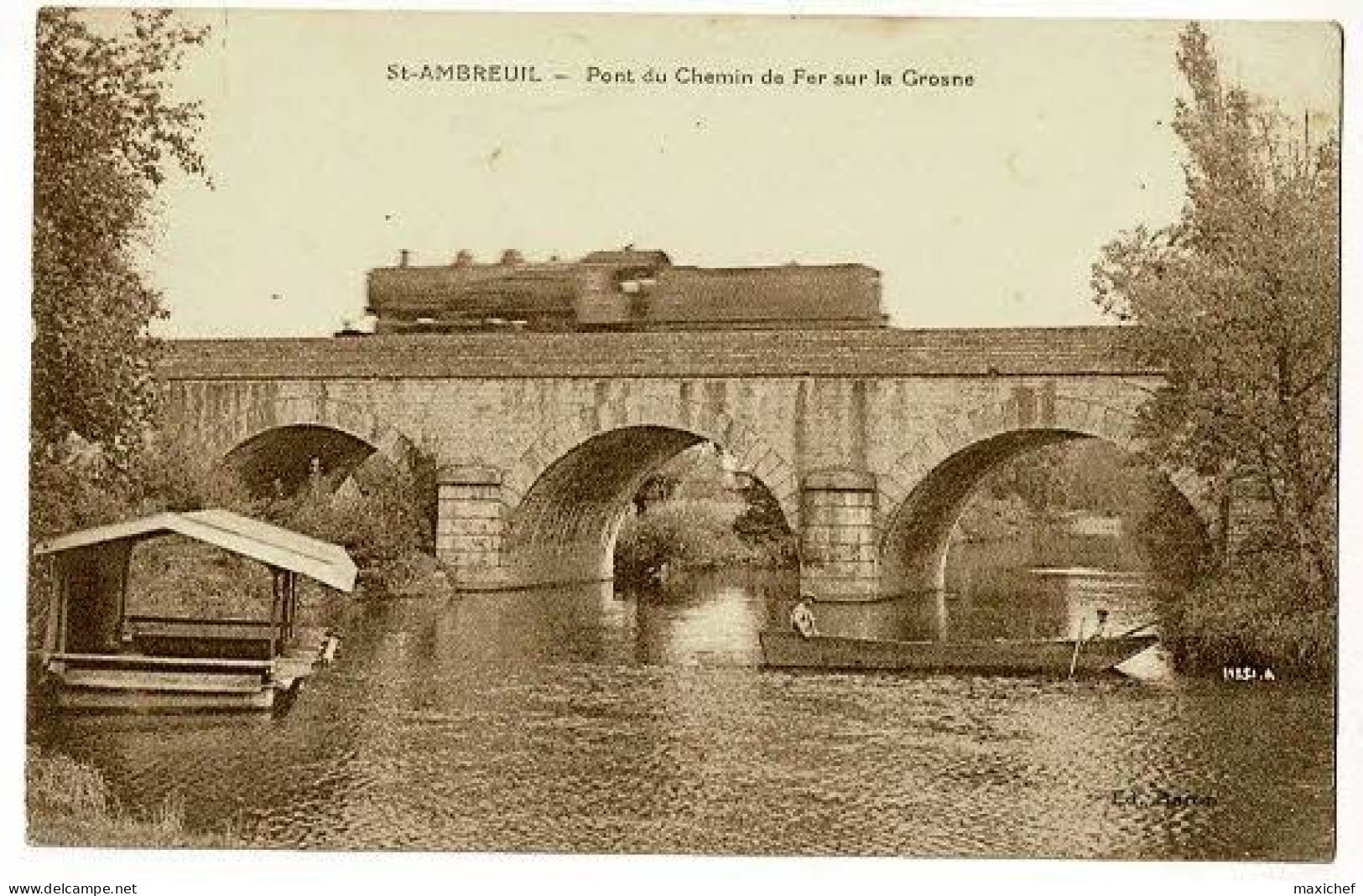 Saint Ambreuil - Pont Du Chemin De Fer Sur La Grosne (passage D'une Locomotive à Vapeur, Pêcheurs En Barque, Lavoir) - Altri & Non Classificati