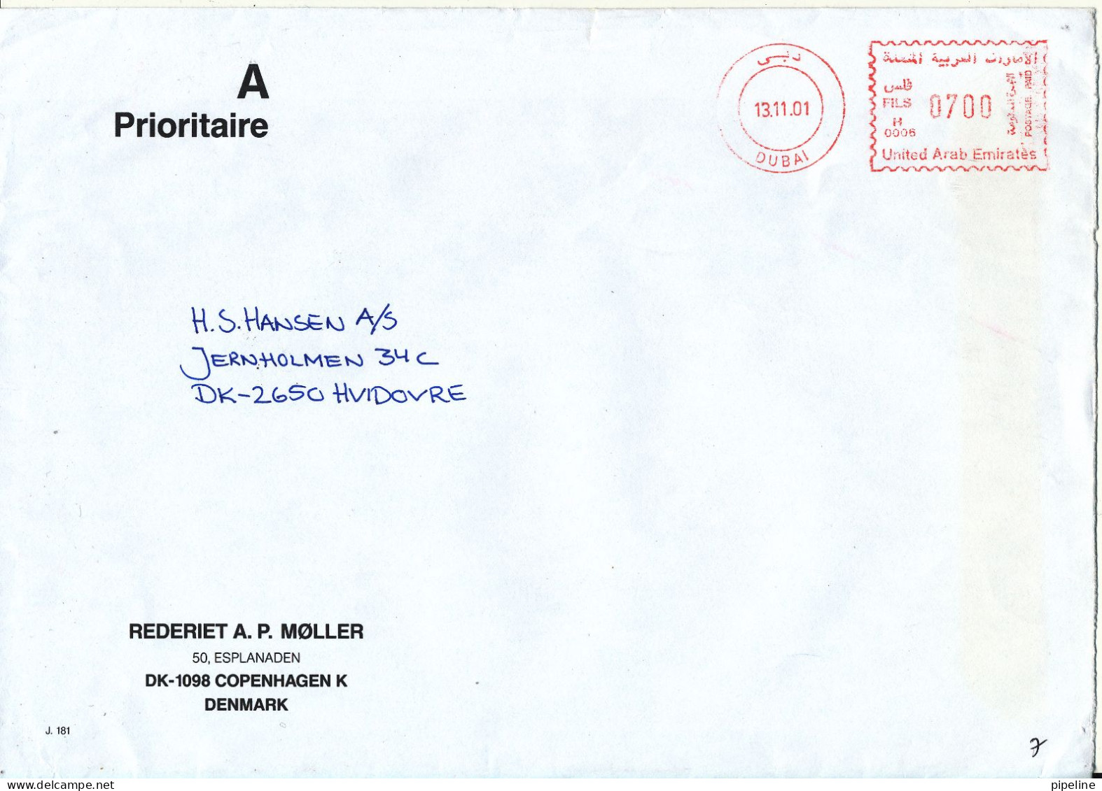 U.A.E. Dubai Cover With Red Meter Cancel 13-11-2001 Sent To Denmark - Dubai