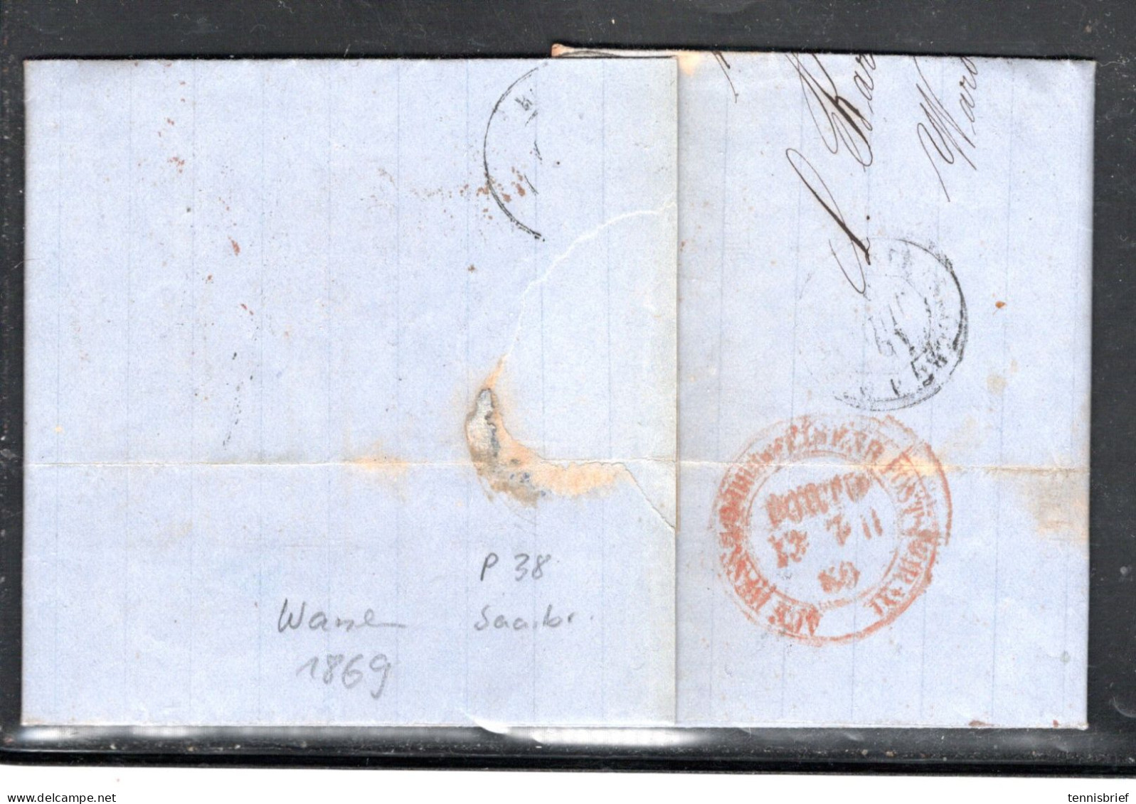 1869 , Red Postmark " WARSAWA " , Clear And " P.38 "  ( = Postvertrag 38 ) From Prusse To France  #208 - ...-1860 Préphilatélie