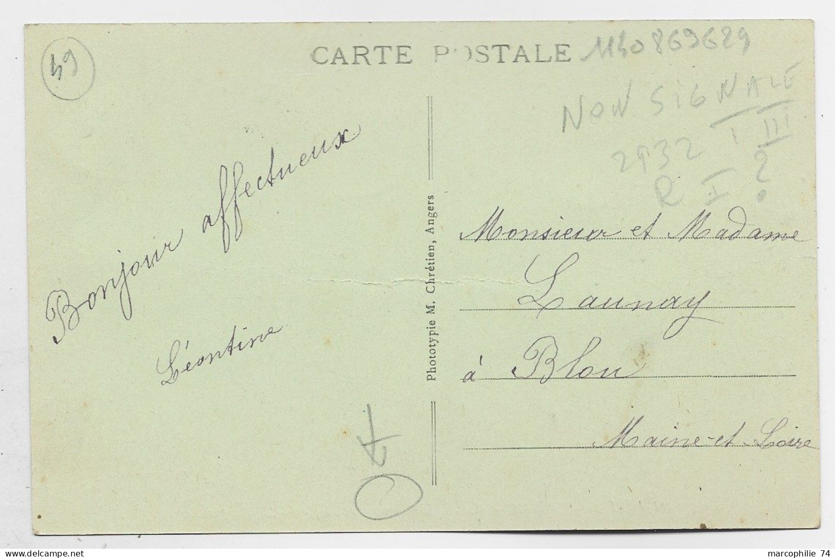 JEANNE D'ARC 50C AU RECTO CARTE ST JUST SUR DIVE MAINE ET LOIRE CONVOYEUR MONTREUIL BELLAY A SAUMUR 1929 NON SIGNALE - Spoorwegpost