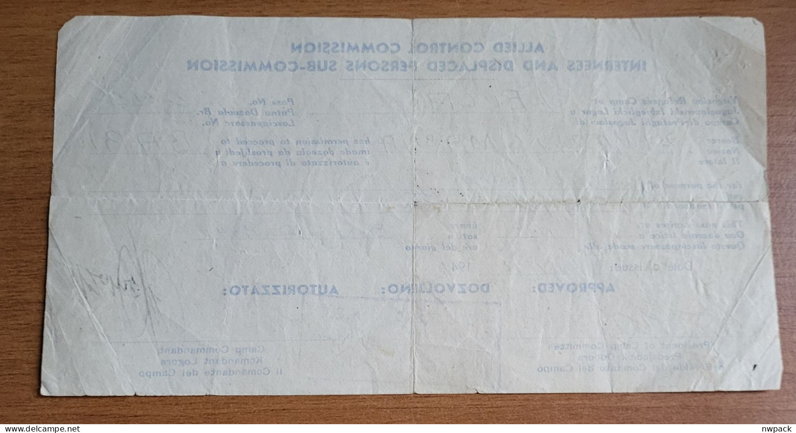 Document Yugoslav Refugees Camp, Pass No. L- 692 To BARI 1944. From Leuca, Camp Commandant S. Maria De Leuca - Historical Documents