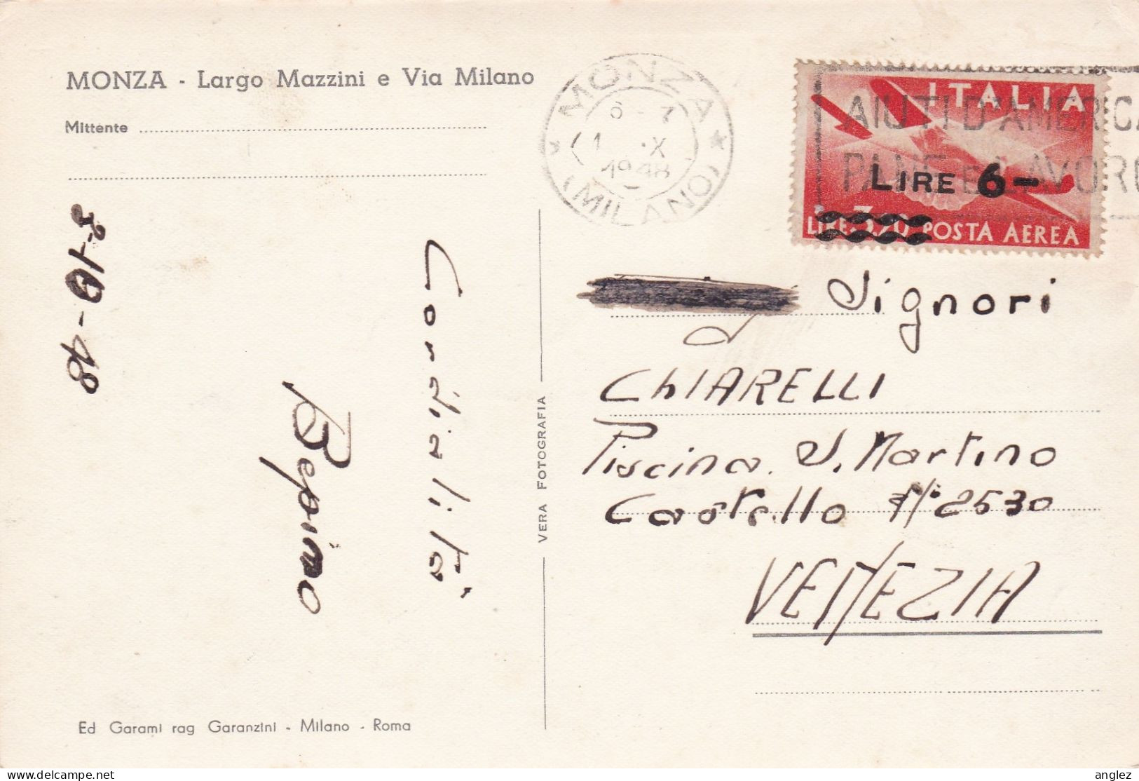 Italy - RPPC Monza Largo Mazzini E Via Milano Posted 1948 To Venezia - Monza