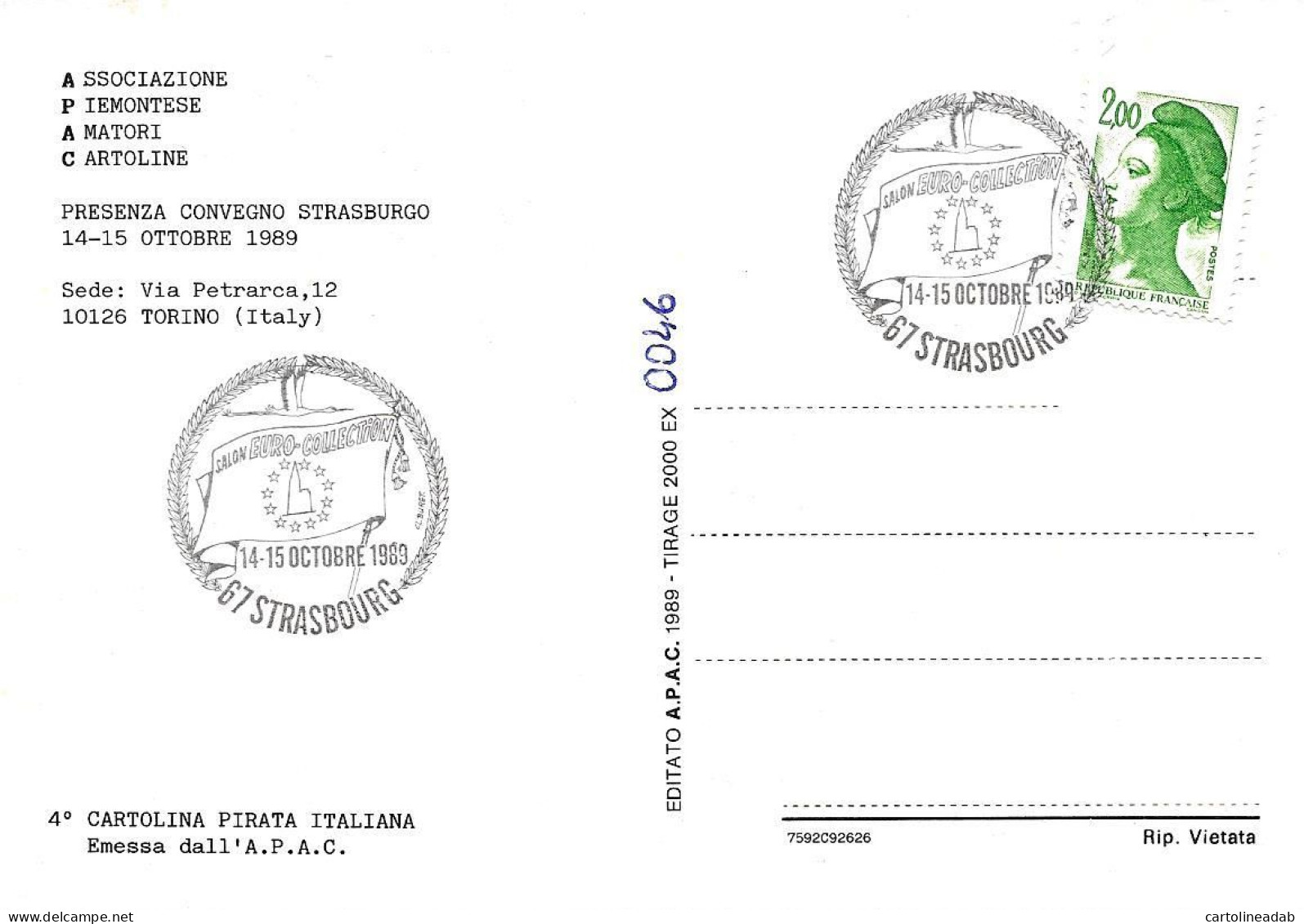 [MD9750] CPM - TORINO MOLE ANTONELLIANA - APAC CONVEGNO STRASBURGO - CON ANNULLO 1989 - NUMERATA - PERFETTA - NV - Mole Antonelliana