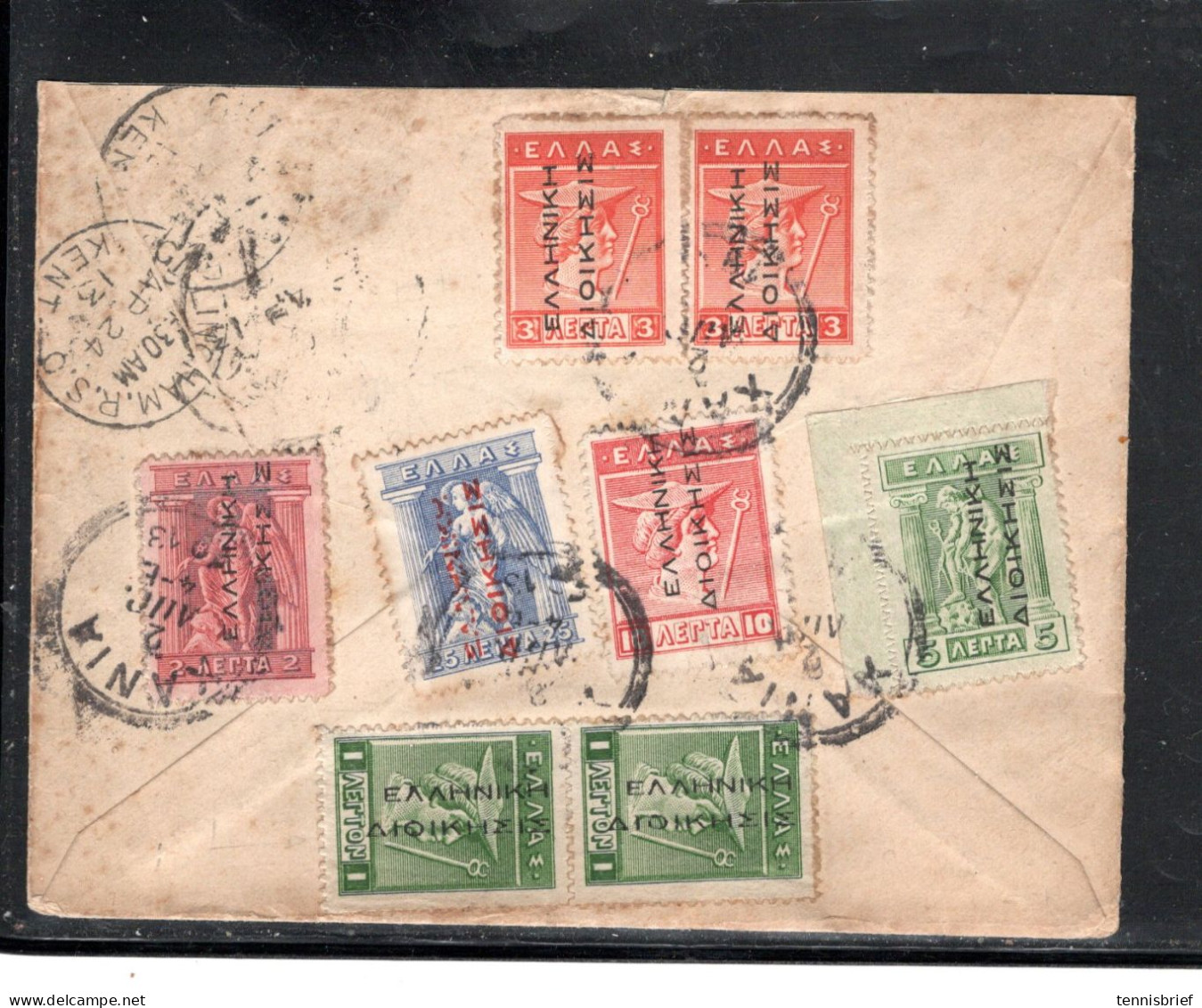 1913, Greek Post In Turkey , 8 Stamps Overprint , Registered, Clear " KANIA "  " Postes Cretoises LA CANEE " To GB  #218 - Crète