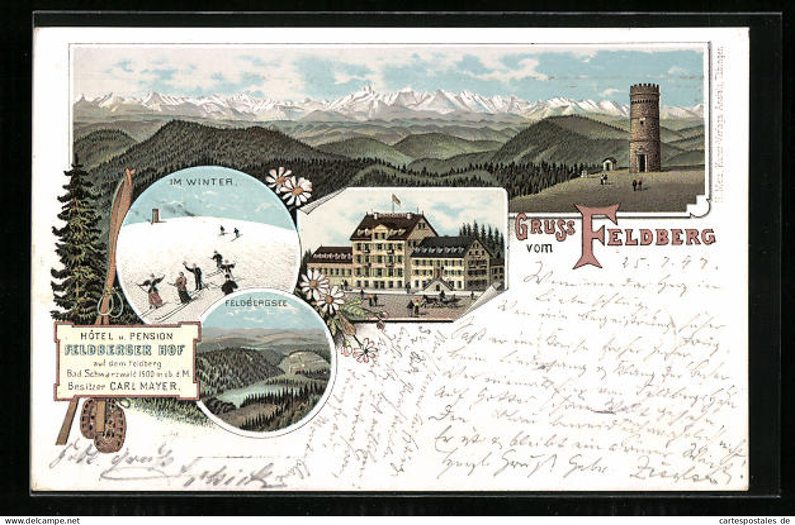 Lithographie Feldberg, Hotel & Pension Feldberger Hof, Skifahrer, Feldbergsee Und Aussichtsturm  - Feldberg