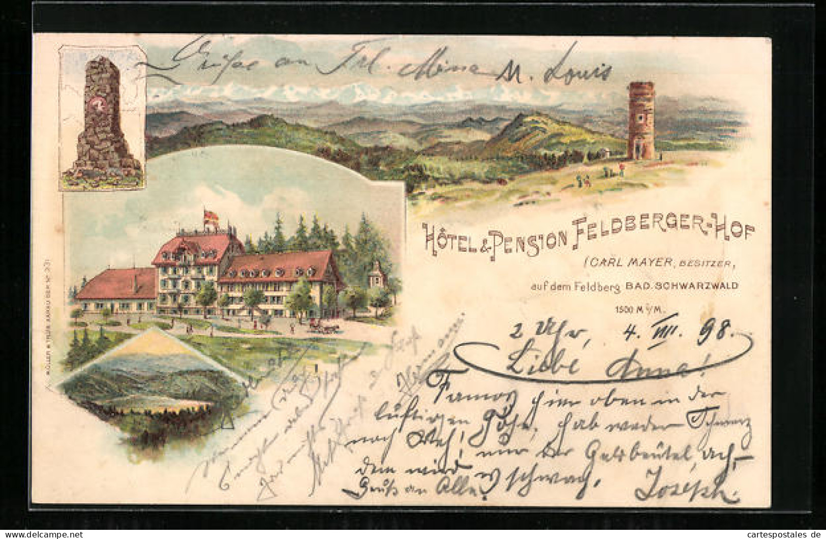 Lithographie Feldberg / Schwarzwald, Hotel-Pension Feldbergerhof, Aussichtsturm Und Denkmal  - Feldberg