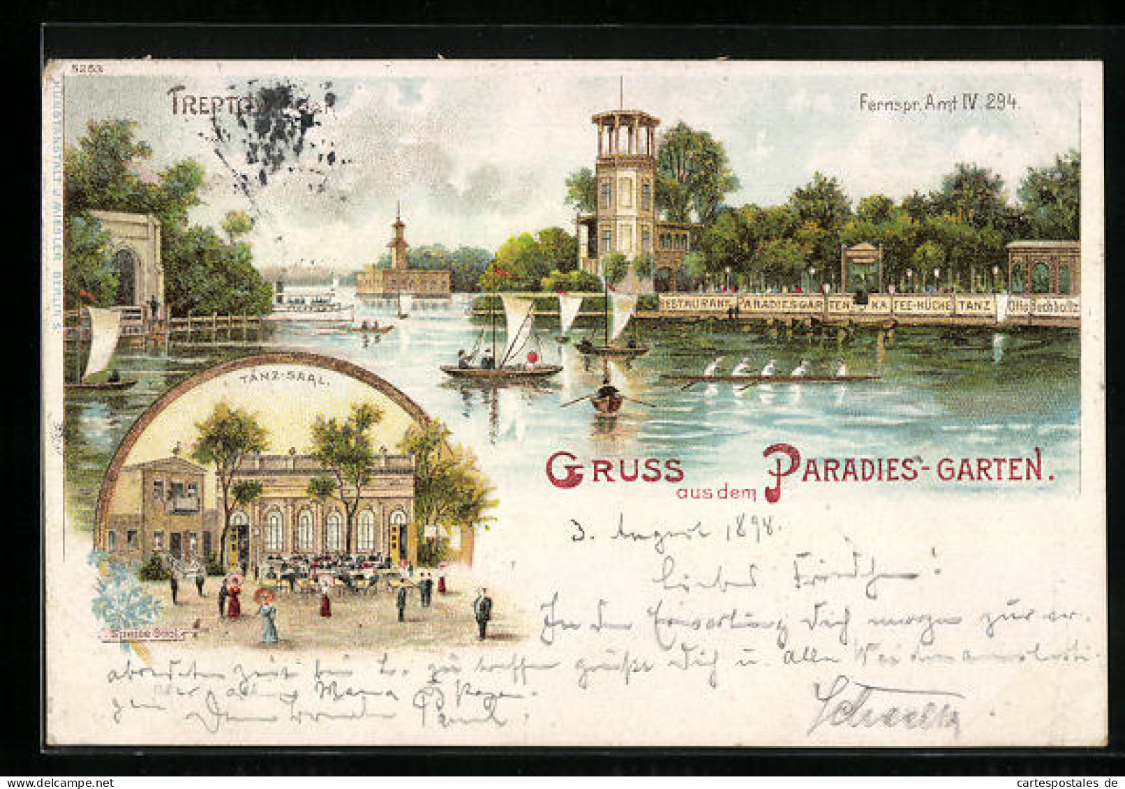 Lithographie Berlin-Treptow, Gasthaus Paradies-Garten Vom Wasser Gesehen, Tanzsaal-Gebäude Mit Garten  - Treptow