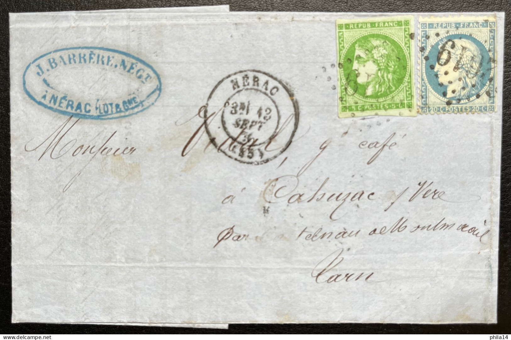 N°42 5c VERT CERES & N°37 20c BLEU CERES SUR LETTRE / NERAC POUR CAHUZAC / 13 SEPT 1871 / LAC - 1849-1876: Classic Period