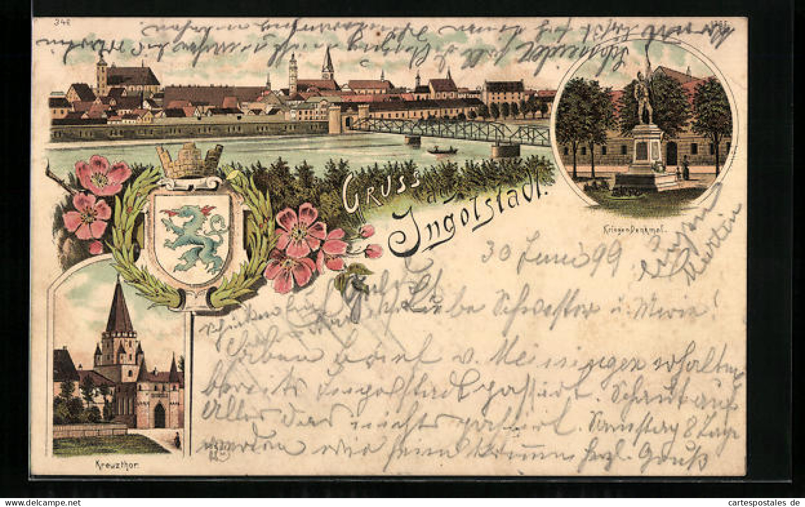 Lithographie Ingolstadt, Kriegerdenkmal, Panorama Mit Brücke, Kreuzthor, Wappen  - Ingolstadt