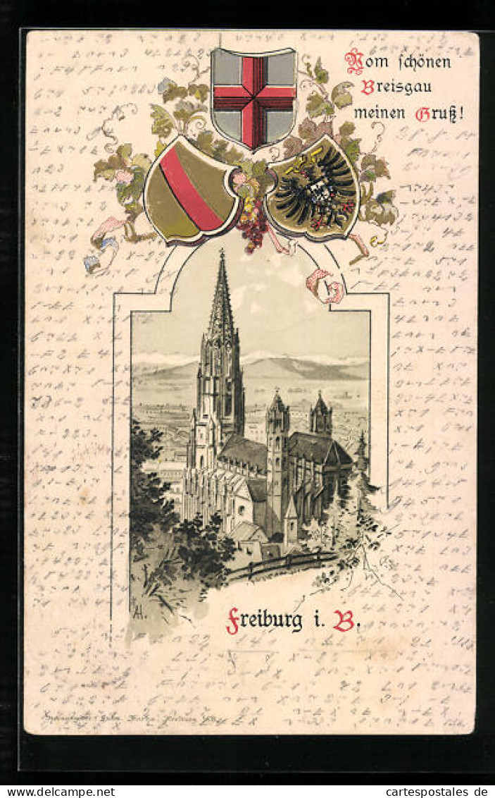 Passepartout-Lithographie Freiburg I. B., Kirche Aus Der Vogelschau, Wappen  - Other & Unclassified