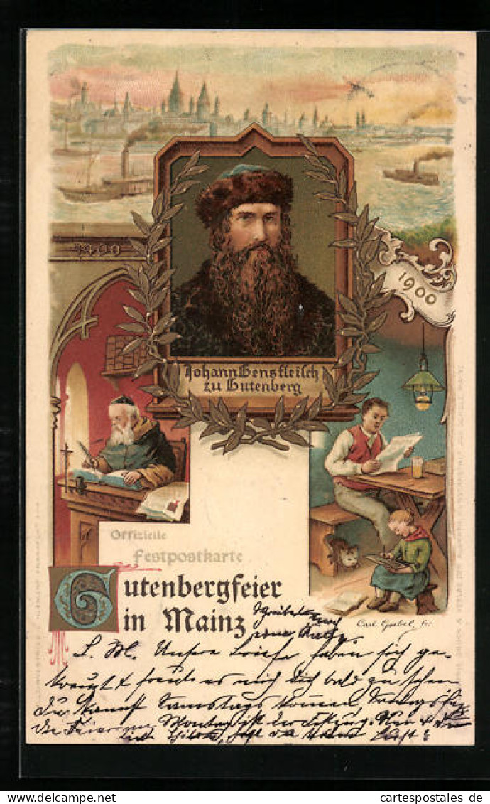 Lithographie Mainz, Ortsansicht, Portrait Johann Zu Gutenberg  - Other & Unclassified
