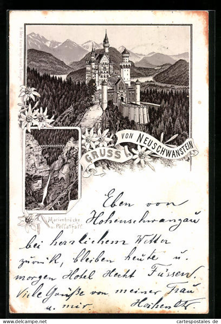 Vorläufer-Lithographie Neuschwanstein, Schloss Neuschwanstein, Marienbrücke 1895  - Andere & Zonder Classificatie