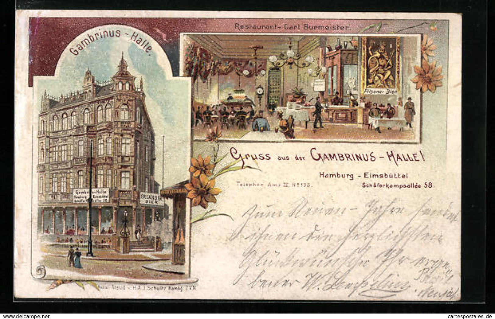 Lithographie Hamburg-Eimsbüttel, Gasthaus Gambrinus-Halle, Schäferkampsallee 58  - Eimsbüttel