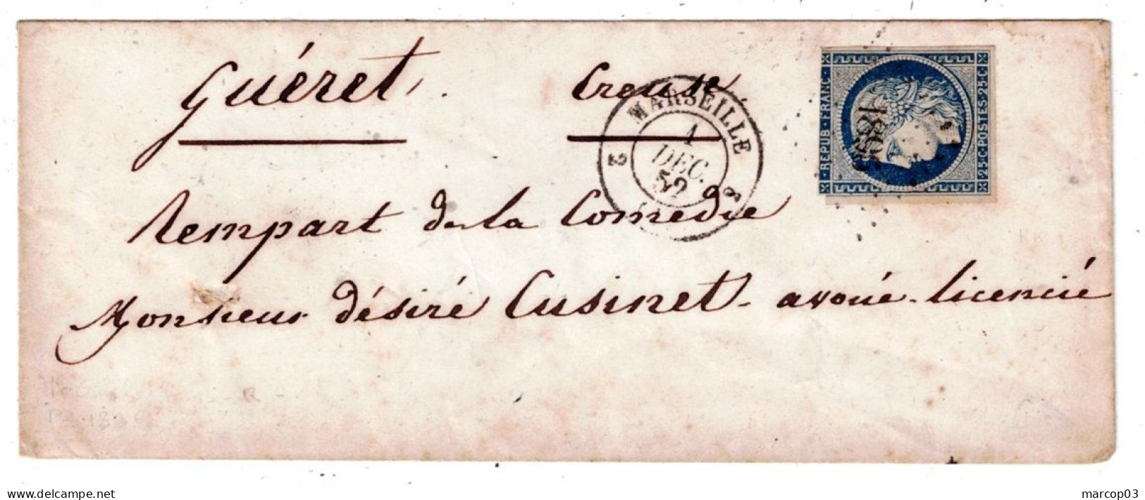 13 BOUCHES DU RHONE MARSEILLE Env Vide  TAD Type 15 2MARSEILLE2 Du 01/12/1852 PC 1896 Sur N°4 (touché) TTB - 1849-1876: Klassieke Periode