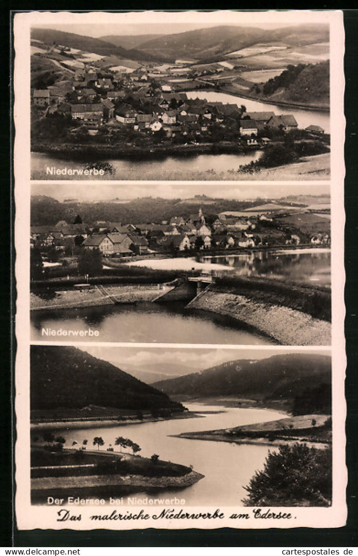 AK Niederwerbe Am Edersee, Generalansicht Von Verschiedenen Seiten, Blick über Den Edersee  - Edersee (Waldeck)