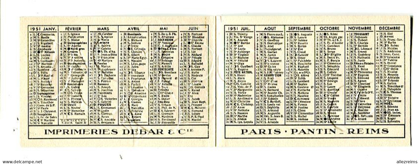 Calendrier 1951: DEBAR   Format Fermé : 114*70 Mm  A    VOIR  !!! - Petit Format : 1941-60