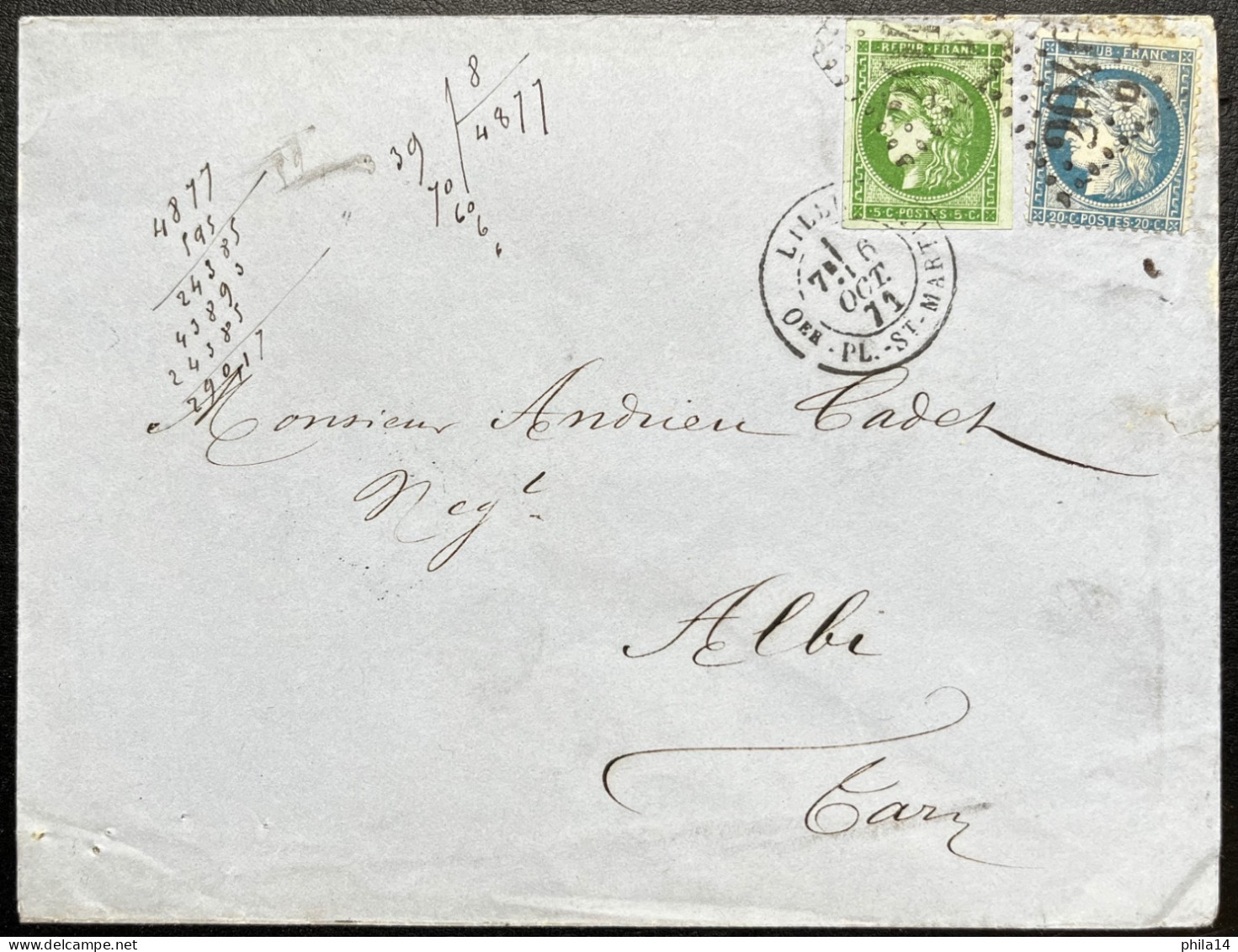 N°42 5c VERT CERES & N°37 20c BLEU CERES SUR ENVELOPPE / LILLE POUR ALBI / 6 OCT 1871 / LSC - 1849-1876: Période Classique