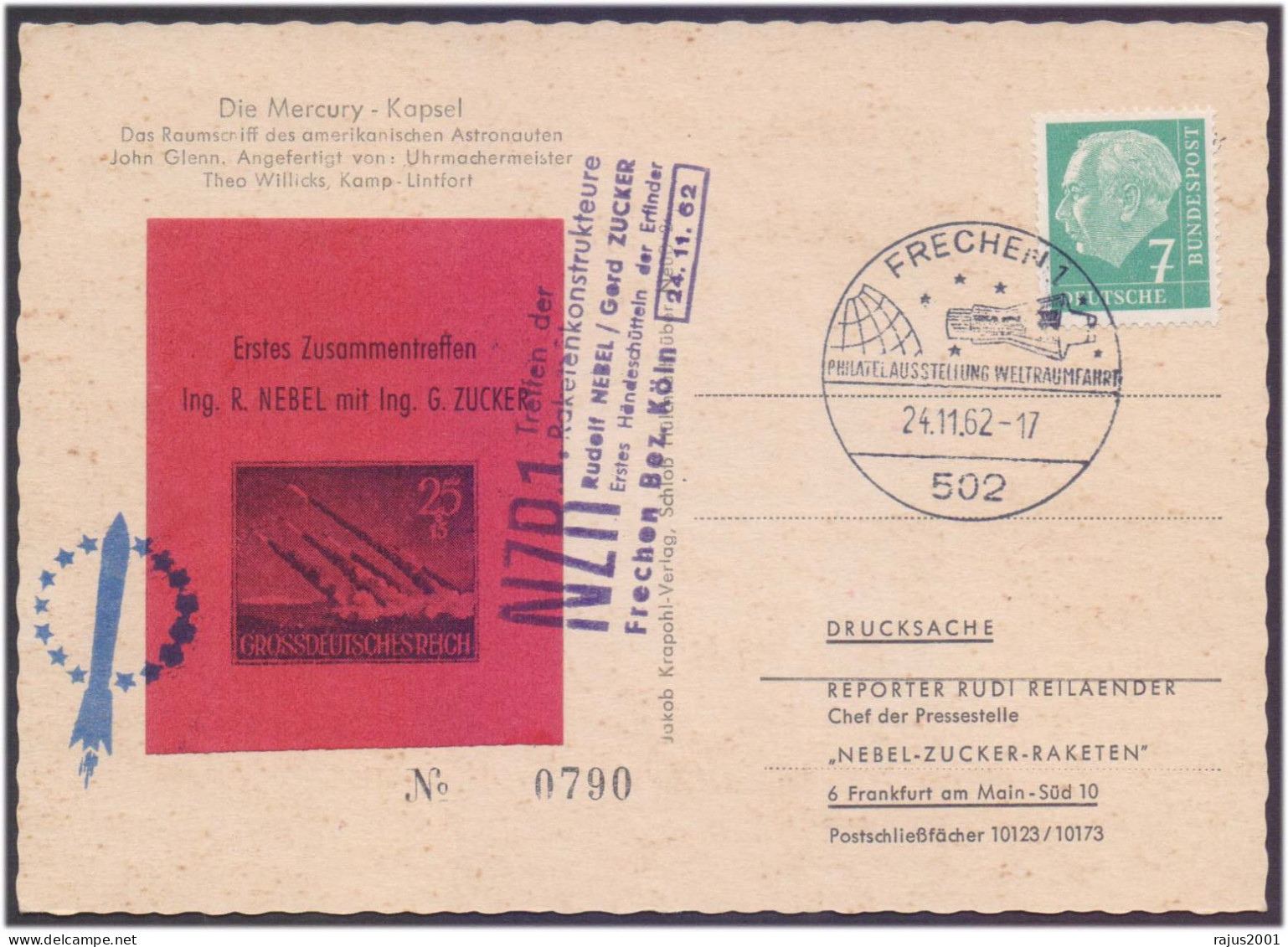 NZR1 Rocket Designers NEBEL ZUCKER Frechen 1962 Stamp Label Vignette Red Cancel, Rocket Experiment Card Germany - Europa