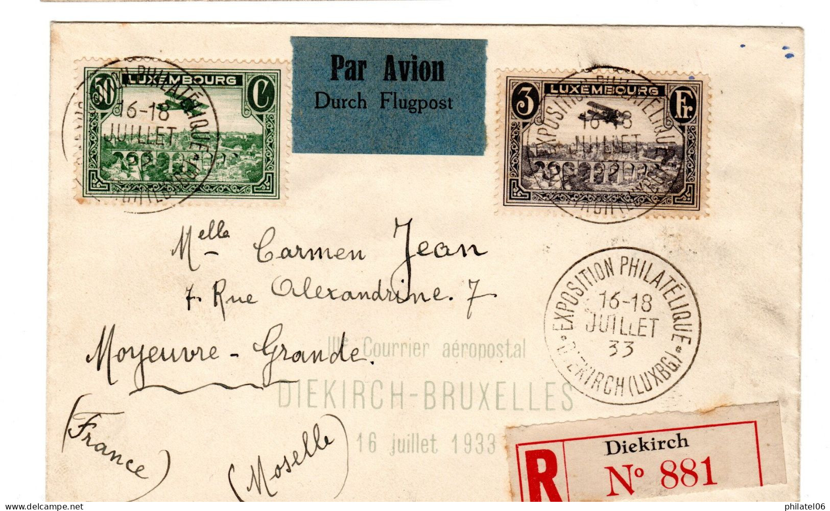 LUXEMBOURG  LETTRE AERIENNE RECOMMANDEE  1933 - Covers & Documents
