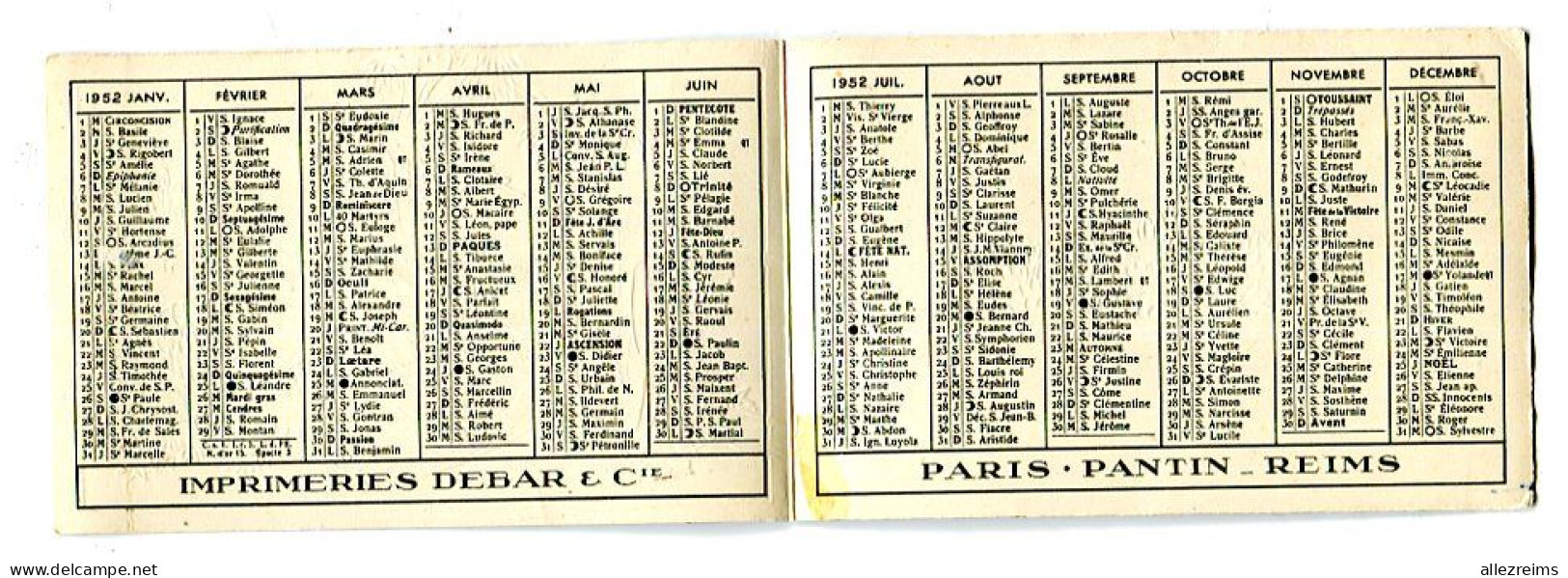 Calendrier 1952: DEBAR   Format Fermé : 122*79 Mm  A    VOIR  !!! - Kleinformat : 1941-60