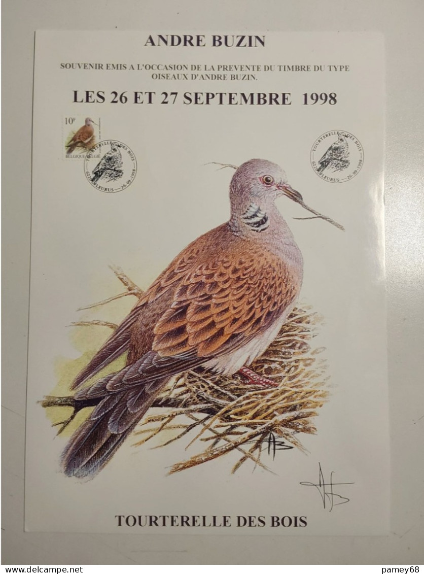 Souvenir Oiseaux André Buzin 26/27 Septembre 1998 Avec Signature Tourterelle Des Bois. - 1985-.. Vögel (Buzin)