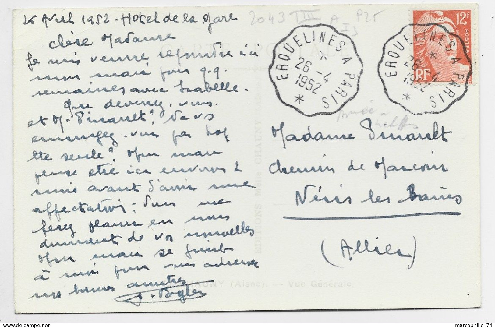 GANDON 12FR ORANGE CARTE CHAUNY AISNE CONVOYEUR ERQUELINES A PARIS 26.4.1952 - Spoorwegpost