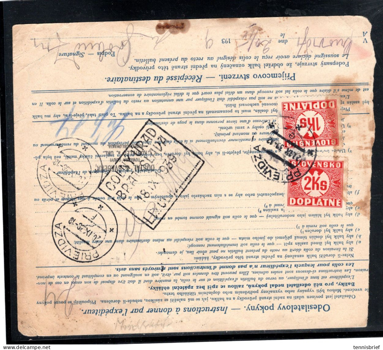 Böhmen + Mähren , 1939 , 20 Kr. Höchstwert In Mischfr. CSR , NN-Paketkarte In Die Slowakei  #217 - Ocupación 1938 – 45