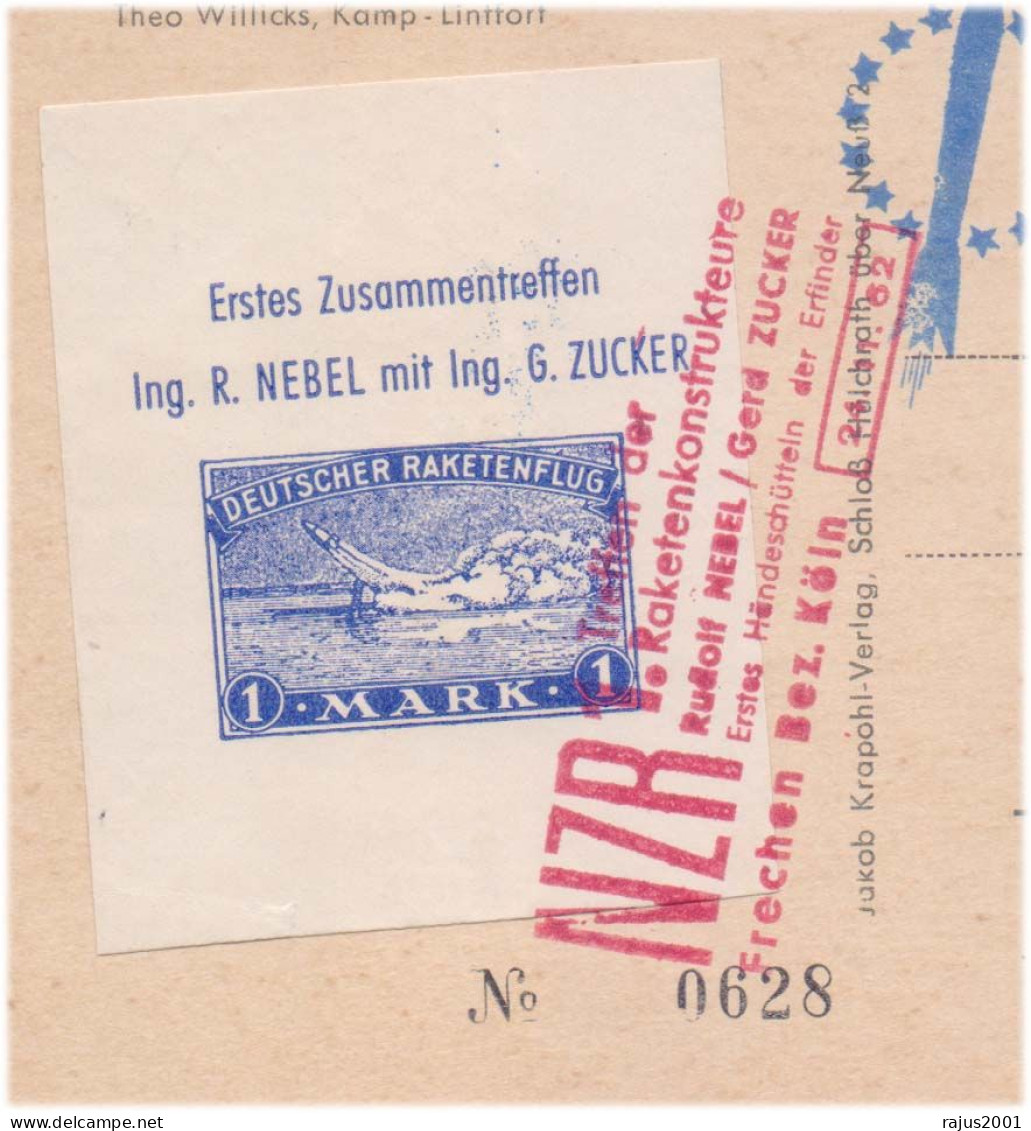 NZR1 Rocket Designers NEBEL ZUCKER Frechen 1962 Stamp Label Vignette Red Cancel, Rocket Experiment Card Germany - Europa