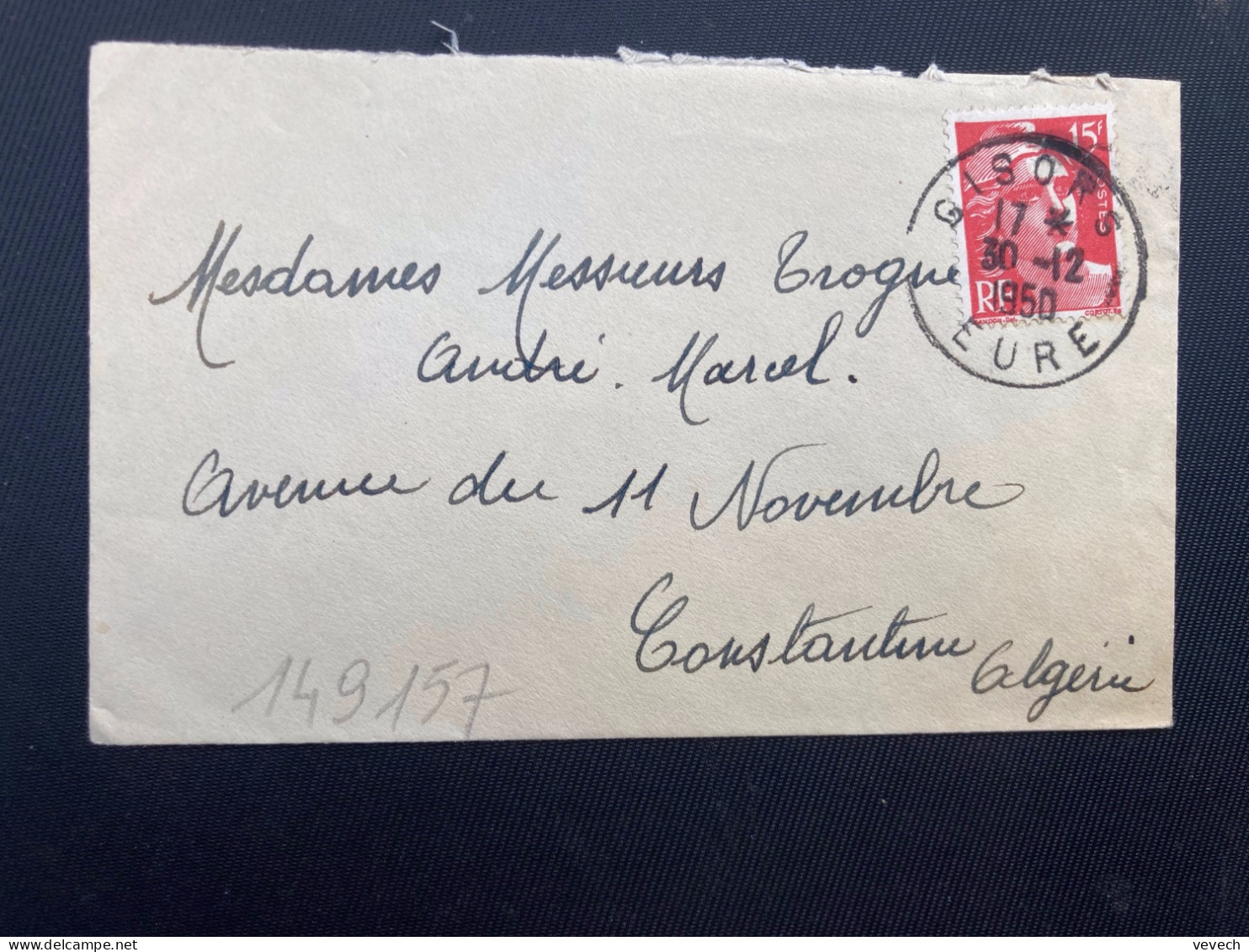 LETTRE Pour ALGERIE TP M DE GANDON 15F OBL.30-12 1950 GISORS EURE (27) - 1945-54 Maríanne De Gandon