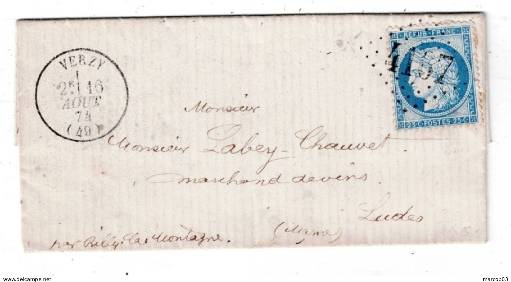 51 MARNE VERZY LAC TAD Type 16 Du 16/08/1874 GC 4167 Sur N°60 SUP - 1849-1876: Classic Period