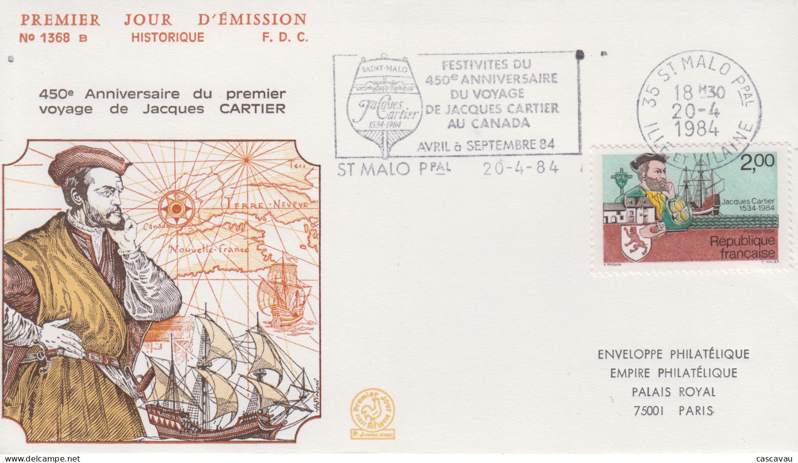 Enveloppe  FDC  Flamme  1er  Jour   FRANCE    450éme  Anniversaire   Voyage  De   Jacques  CARTIER    SAINT  MALO   1984 - 1980-1989