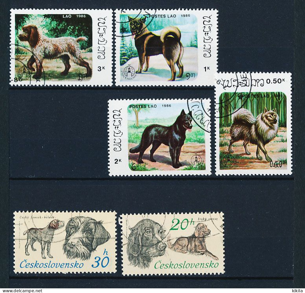 6 Timbres Oblitérés Chien LAOS 1986 Bernese, Elkhounds, Griffon, TCHECOSLOVAQUIE Irsky Setter, Ceski Fousek-belous XI-16 - Honden