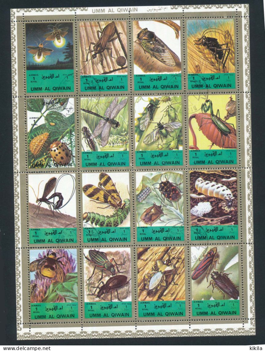 Planche De 16 Timbres Oblitérés UMM-AL-KIWAIN XI-4 Insectes : Libellule, Coccinelle, Scarabée, Mante Religieuse Etc, Etc - Other & Unclassified