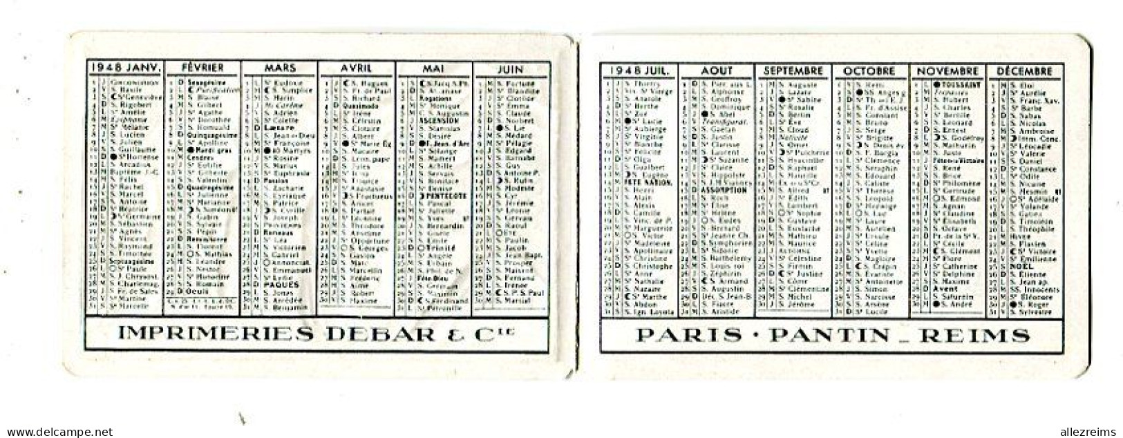 Calendrier 1948: DEBAR   Format Fermé : 102*69 Mm      VOIR  DESCRIPTIF   §§§ - Petit Format : 1941-60
