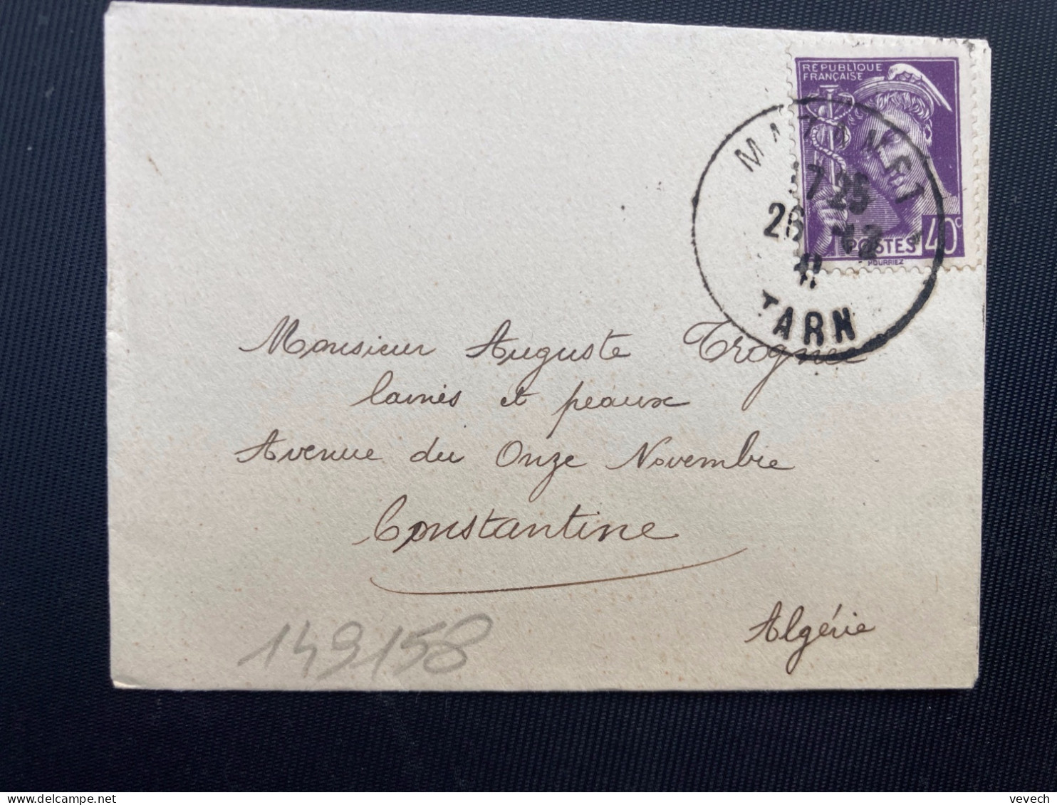 LETTRE MIGNONNETTE Pour ALGERIE TP MERCURE 40c OBL.26-12 41 MAZAMET TARN (81) - 1938-42 Mercurio