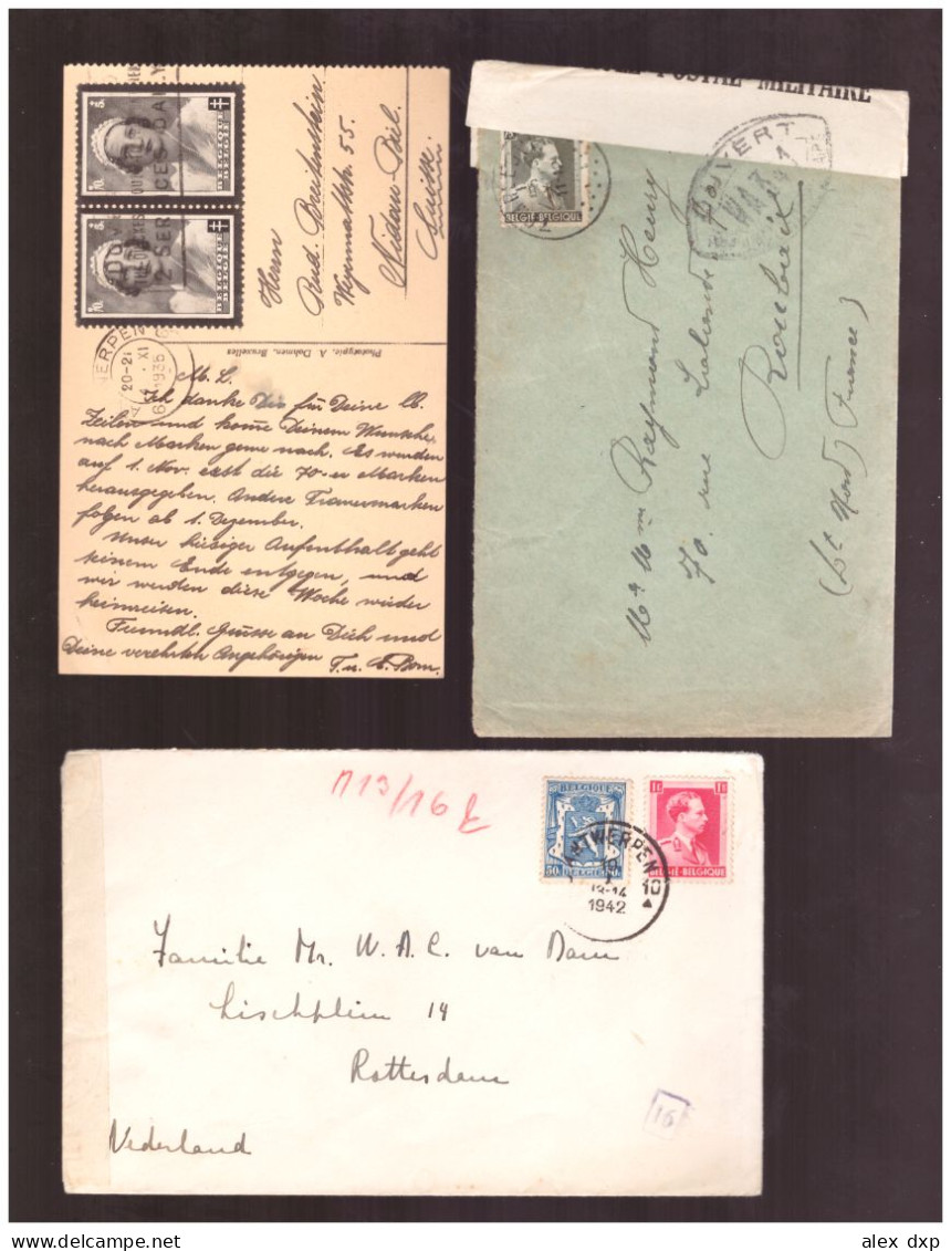 BELGIUM (LOT-2) > 1935-1942 POSTAL HISTORY > Censored Covers To France And Netherlands + Postcard To Switzerland - Storia Postale